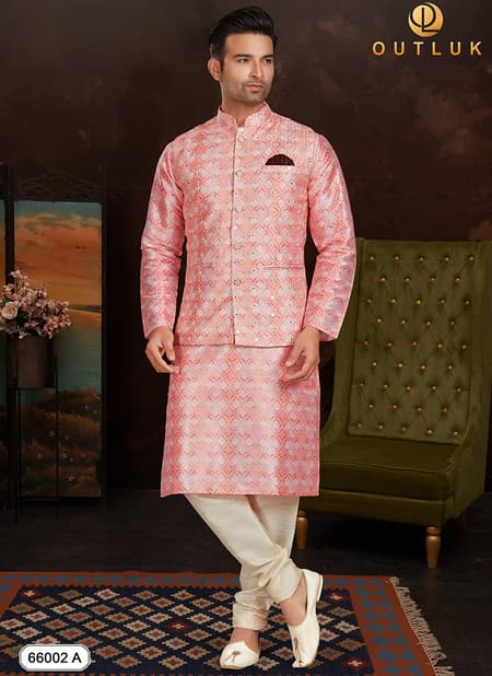 Pink Colour New Function Wear Heavy Kurta Pajama With Jacket Mens Collection 66002 A